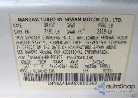 2008 Nissan Maxima 3.5 Se z USA, uszkodzony, nr VIN 1N4BA41E48C800162